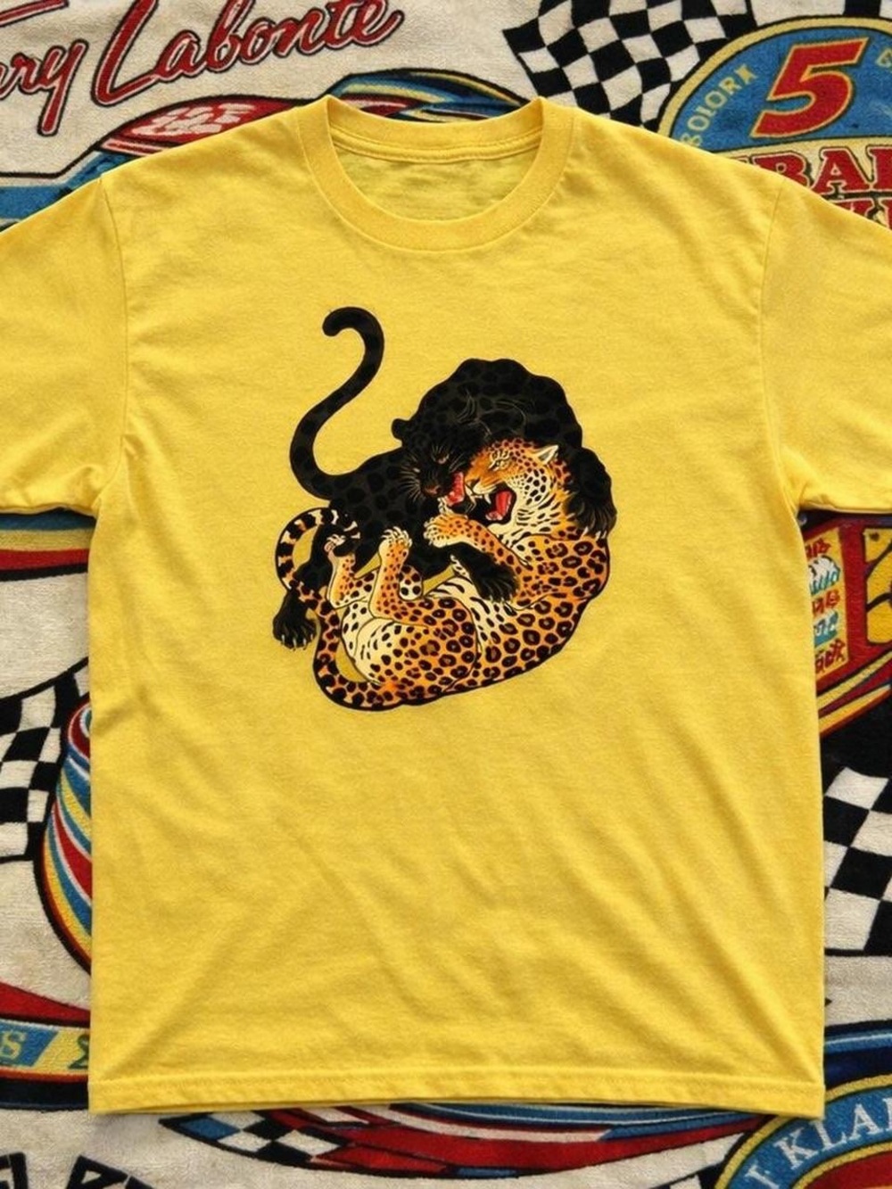 Gildan Yellow Short Sleeve Tee with Panther & Leopard Graphic